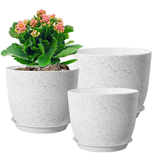WSMKSZ Large Flower Pots 12/10/9 inch, Set of 3 Modern Decorative Plastic Planters with Drainage Holes and Saucers for Garden House Plants, Plant Pots for Indoor Outdoor Plants, Speckled White