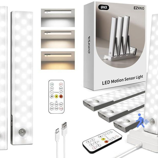 EZVALO 9-Pack Under Cabinet Lighting with Charging Station, Rechargeable Motion Sensor Lights, 3 Color Temps, Dimmable 62 LED Wireless Motion Activated Cabinet Lights with Remote for Kitchen,Pantry