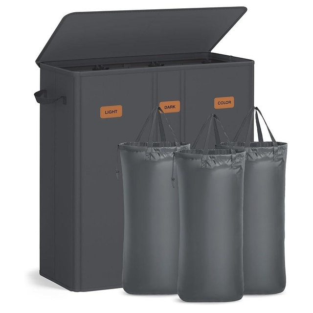 SONGMICS 47.6 Gallon (180 L) Laundry Hamper, 3-Compartment Laundry Basket Sorter with Lid, Labels, Removable Liner Bags, for Bedroom, Dark Gray URLH013G01