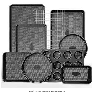 HONGBAKE 9-Piece Baking Pans Set Nonstick, Stackable Non Toxic Bakeware Sets with Diamond Texture, Oven Pan Set for Cooking, Includes Cookie Sheet with Rack, Cake Pan, Roasting Pan, Muffin Pan, Gray