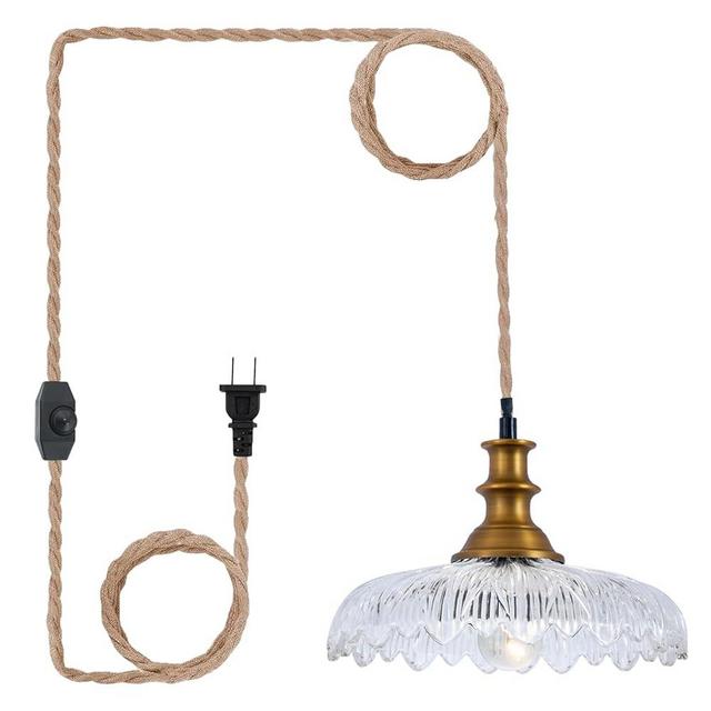 Plug in Pendant Light, Hanging Lights with 15FT Plug in Cord Dimmable Switch, Brushed Brass Modern Vintage Pendant Lighting with Glass Shade,Hanging Lights Fixtrue for Bedroom Living Room Kitchen Sink