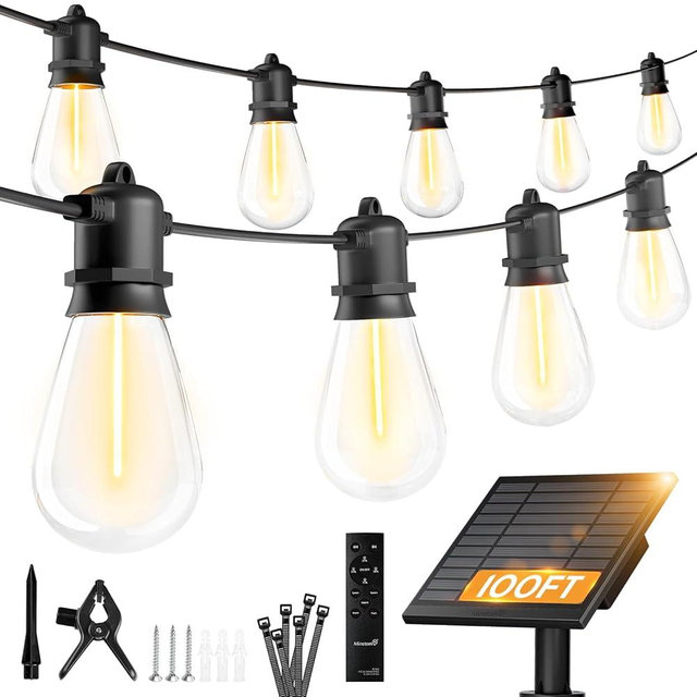 Minetom 100FT Solar String Lights Outdoor Waterproof, 31+2LED S14 Shatterproof Bulb, Patio Lights with Remote Type-C Port Timable, 3 Light Modes Dimmable Solar String Lights for Outside, Yard, Camping