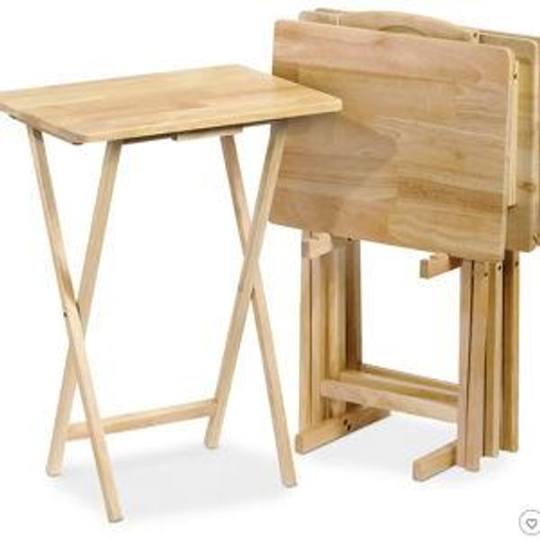 PJ Wood Lightweight Rectangular Solid Wooden Indoor Home Folding TV Snack Tray Portable Tables with Compact Storage Rack (5 Piece Set)