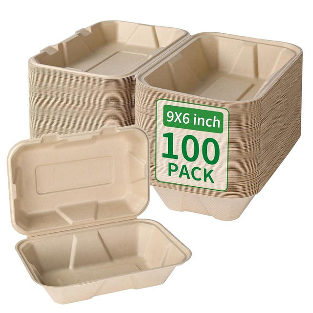 Aricsen Compostable 100 Pack 9x6 Inch Takeout Lunch Box Containers with Lid To Go Take Out Clamshell for Food, Disposable Eco-Friendly Biodegradable Bagasse, PFAS-Free, Brown