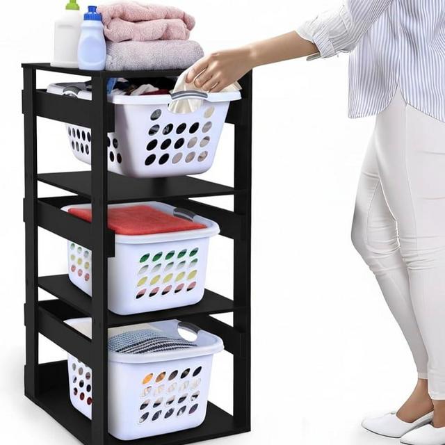Laundry Basket Holder Shelf – Stackable Engineered Wood Laundry Tower, Tiered Hamper Organizer for Bathroom, Bedroom, Closet (Black, 3 Tier)