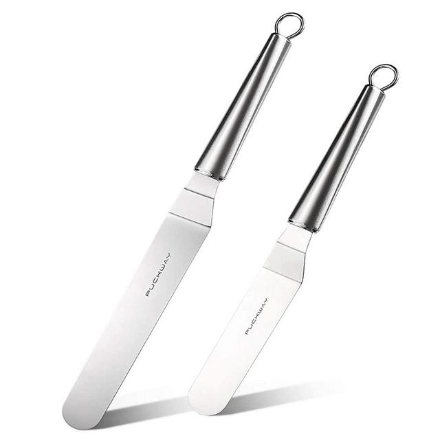 PUCKWAY Metal Icing Spatula, Angled Cake Spatula, Professional Stainless Steel Cake Decorating Spatula set of 2 Silver 6, 8 inch