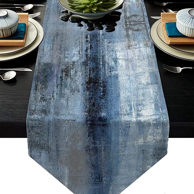 Blue and Grey Table Runner,Navy Blue Abstract Modern Art Burlap Table Runners for Table Dresser Runner Farmhouse Style for Dinner Party Holidays Home Decoration (Blue Grey, 13"x 91")