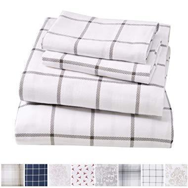Extra Soft Windowpane 100% Turkish Cotton Flannel Sheet Set. Warm, Cozy, Lightweight, Luxury Winter Bed Sheets. Belle Collection (Queen, White/Grey)