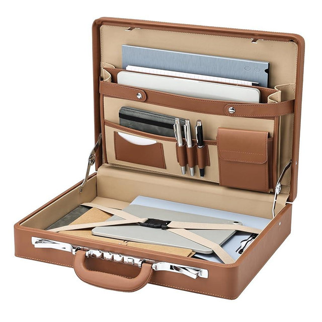 Briefcases for Men, Carrying Case Document Professional Leather Briefcase with Lock, Business Brief Case for 16 Inch Laptop Documents, Durable Executive Attache Case for Work Office Travel, Brown