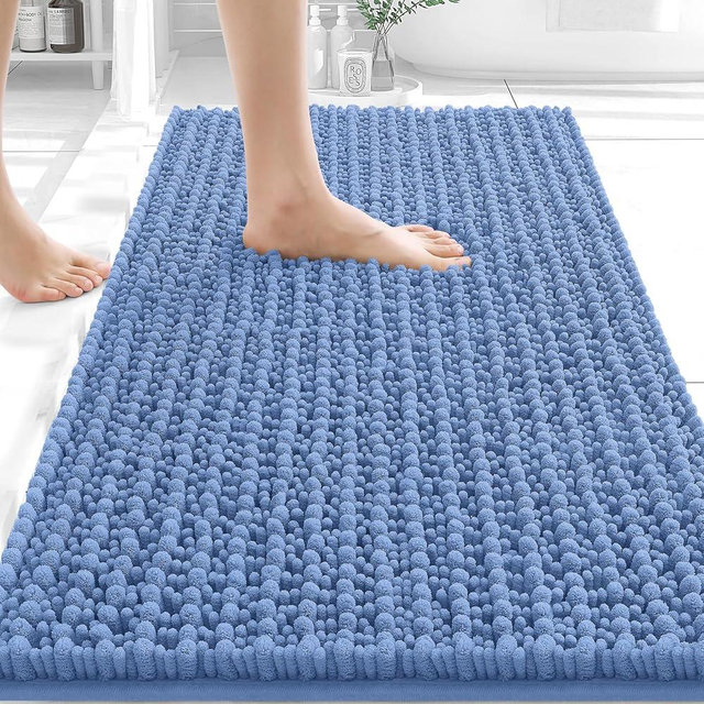 OLANLY Bathroom Rug Mat 34x21, Thick Soft and Absorbent Chenille Bath Mat, Non-Slip Rubber Backing, Machine Washable Quick Dry Bath Rugs for Tub Shower Floor, Home Decor Accessories, Cornflower Blue