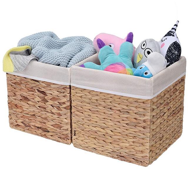 StorageWorks Rectangular Wicker Baskets for Shelves, Water Hyacinth Hand-Woven Baskets with Linings, Medium, 10.2 x 10.2 x 10.6 inches, 2-Pack