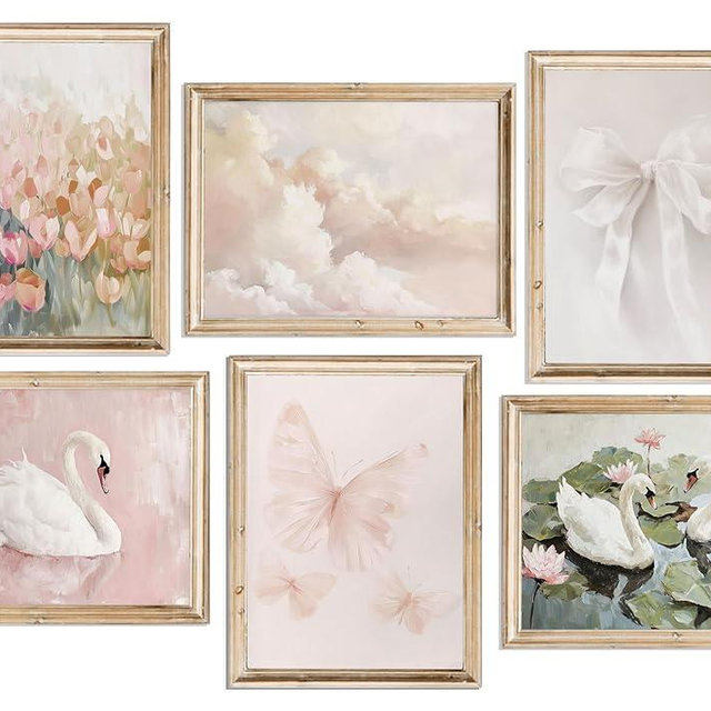 6Pcs Coquette Wall Art Pastel Pink Trendy Canvas Bow Posters White Swan Preppy Painting Butterfly Pictures Aesthetic Floral Prints Nursery Wall Decor for Teen Girls Bedroom College Dorm Unframed