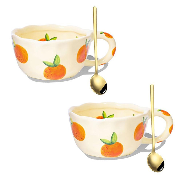 2 pcs Ceramic Coffee Mug 8.5oz Cute Floral Coffee Mug Retro Floral Cup with Handle Spoon Irregular Latte Art Cup Valentine's Day Gift Office Home Dishwasher and Microwave Safe (Orange 2 set)