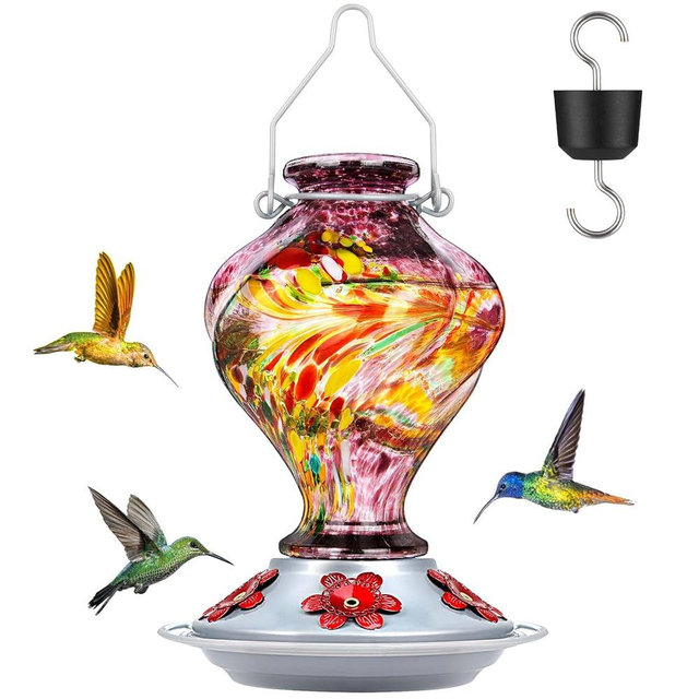 Hummingbird Feeders for Outdoors Hanging, BOLITE Glass Hummingbird Feeder, Hand Blown Twisted with Ant Moat and Five Feeding Ports, 24 Ounces, Leak Proof, Purple