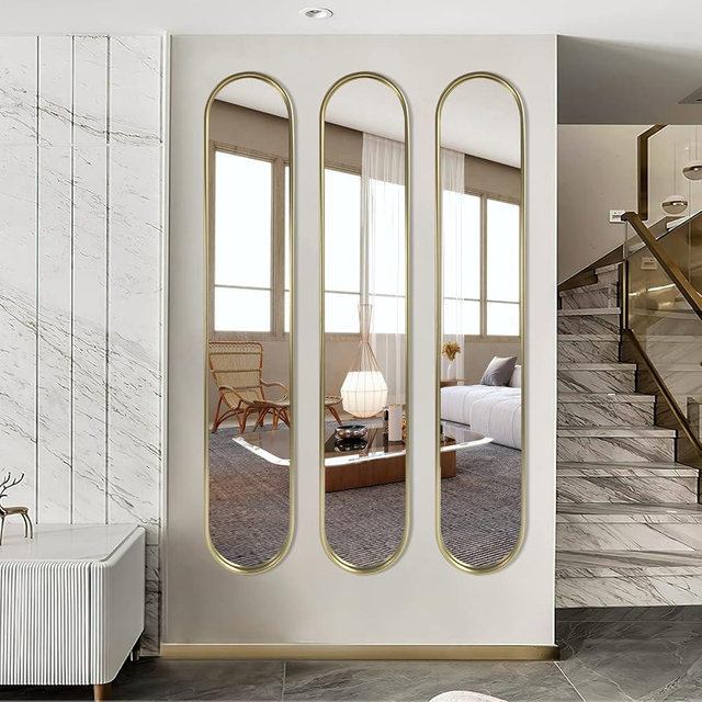OUSHUAI Gold Tall Mirror,Narrow Capsule Long Mirrors with Metal Frame for Entryway,Hallway,Living Room 44"X8" (3pcs)
