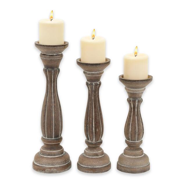 Ridge Road Décor 3-Piece Distressed Wood Candle Holder Set in Brown