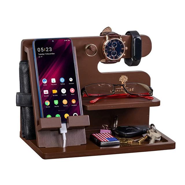 Wood Phone Docking Station for Men Luxury Wooden Docking Station Organizer Nightstand Organizer for Men Graduation Anniversary Idea Birthday Gifts for Men Husband Bamboo Universal Docking Station