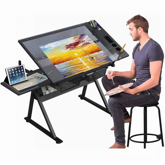 Gynsseh Glass Drafting Table w/Stool, Height Adjustable Drawing Table Art Craft Desk Artist Table, Multifuntional Tilting Tabletop Watercolour Paintings Work Station for Home Office (Black)