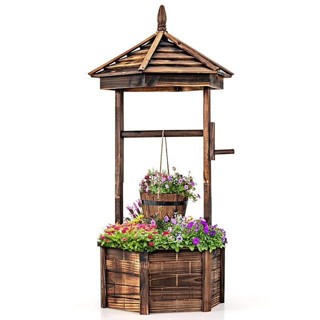 Giantex Rustic Wooden Wishing Well Planter with Hanging Bucket, Roof Shadow, Reinforced Rod, Wishing Wells for Outdoors Backyard Patio Garden Outside Decor