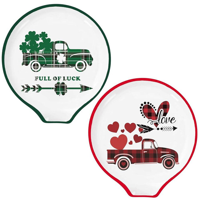 2 Pcs 3.8 Inch Valentine's Day/St. Patrick's Day Spoon Rest Mini Red Green Plaid Truck Heart Shamrock Coffee Spoon Holder For Valentine Irish Coffee Stirrers Teaspoon Bar Coffee Station Accessories