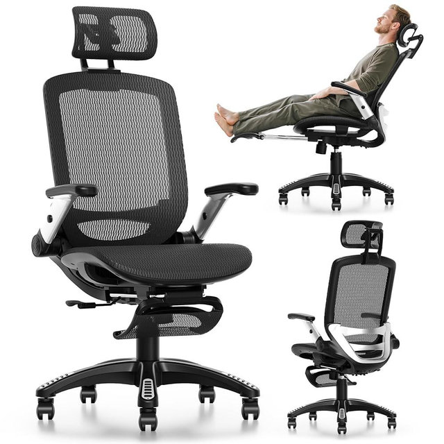GABRYLLY Ergonomic Office Chair with Footrest, High Back Home Desk Chair - 3D Headrest, Flip-Up Arms, 135° Tilt and Wide Cushion, Heavy Duty Mesh Chairs for Task Computer Gaming,GYB01-FT