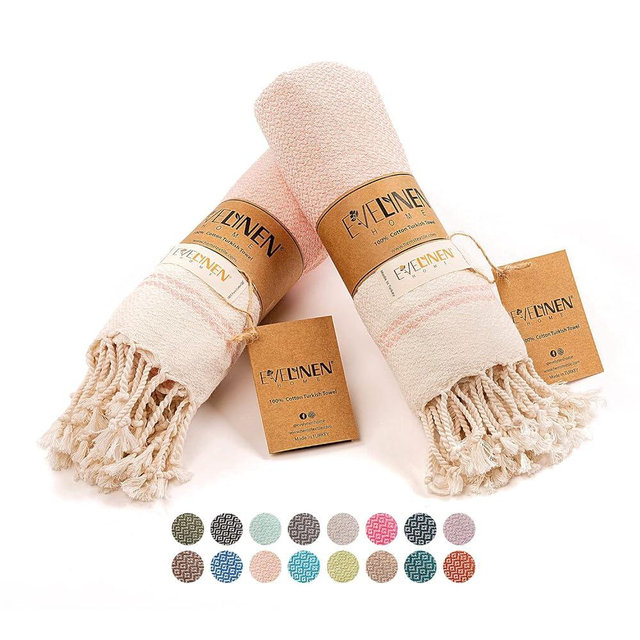 Evelynen Turkish Hand Towels for Bathroom & Kitchen Towels Decorative Set of 2 | Boho Farmhouse Hand Towels with Hanging Loops for Face, Tea, Dish, Kitchen & Bath |%100 Cotton (16" x 32" - Powder)