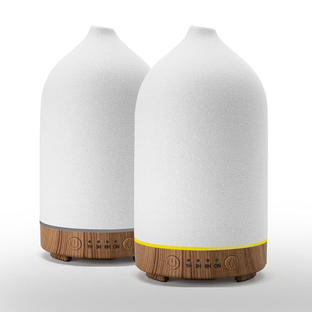 Gooamp 200ML Ceramic Essential Oil Diffuser (Set of 2) - Ultrasonic Aromatherapy & Humidifier with 7-Color LED Lights, Auto Shut-Off, Wood Grain Base, 1H/3H/6H Timer | Scent for Home, Office, Yoga