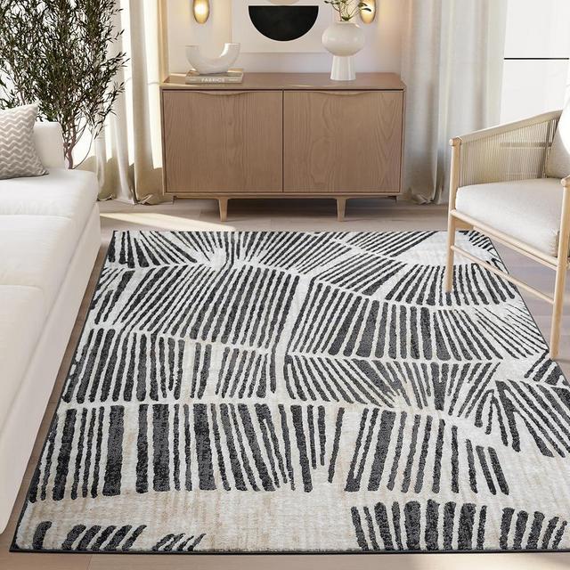 Beige Black Linear Wave Contemporary Area Rug-8' x 10' -Modern Artistic Design – Terra Collection – Non-Shedding, Fade-Resistant, Easy to Clean –Durable for High Traffic Areas –Living Room & Bedroom