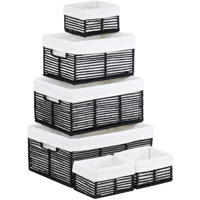 Vagusicc Wicker Storage Basket, 6 Pack Baskets for Organizing, Wicker Baskets with Handle, Rectangular Wicker Baskets for Storage Shelves, Cube Storage Bins for Closet/Clothes/Dresser, Black
