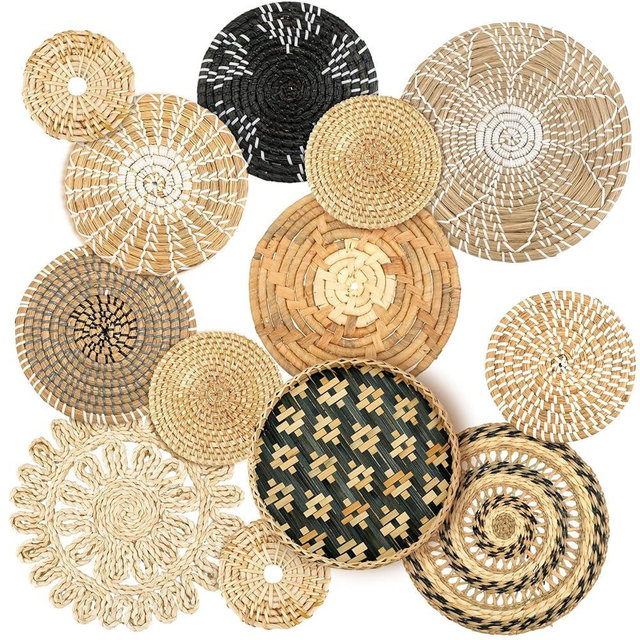 Glenmal Set of 13 Boho Wall Basket Decor Woven Rattan Flat Baskets Handmade Boho Wicker Bamboo Seagrass Wall Hanging Decor for Bedroom Living Room Dining Room Office Ready to Hang(Retro)