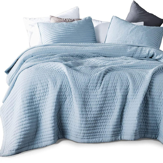 KASENTEX Quilt-Bedding-Coverlet-Blanket-Set, Machine Washable, Ultra Soft, Lightweight, Stone-Washed, Detailed Stitching - Hypoallergenic - Solid Color (Blue, Oversized King + 2 King Shams)