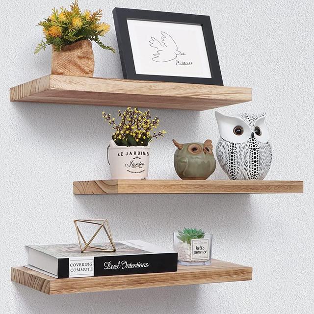 Floating Shelves, 17 Inch Wall Shelf Set of 3, Rustic Wood Shelves for Wall Storage, Wall Mounted Wooden Display Shelf for Bathroom Bedroom Kitchen Garage, Carbonized Black