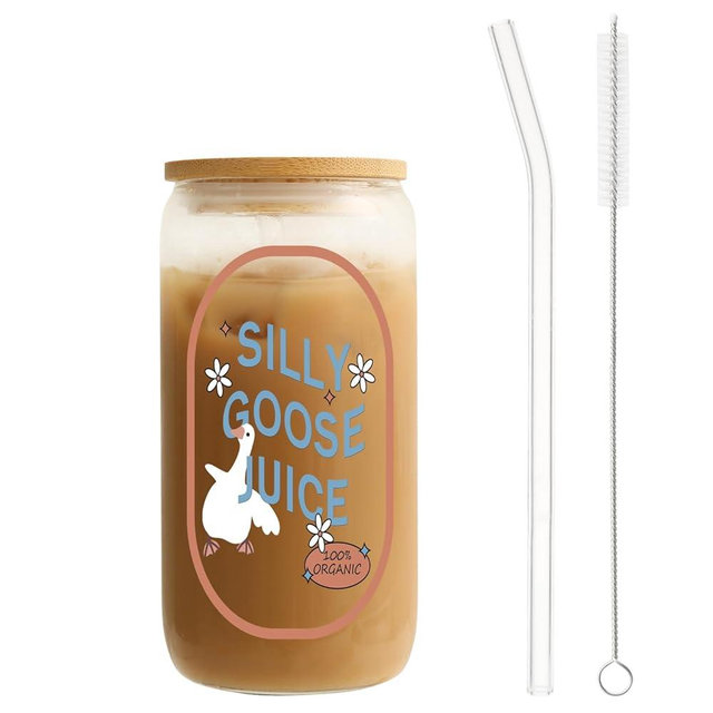 MRYAWXBK Cute Silly Goose Glass Cup with Bamboo Lids Straw 16oz, Ice Coffee Glass Tumbler for Soda Boba Tea Cocktail Birthday Gifts for Women