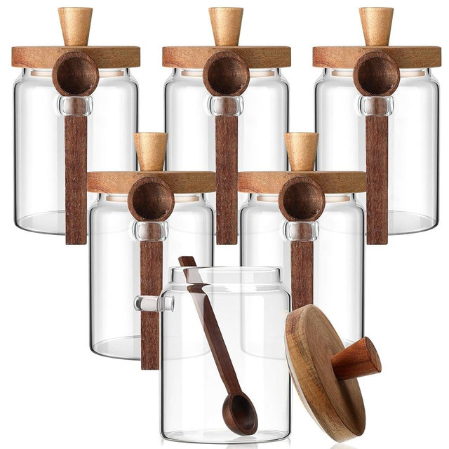 Remerry Set of 6 Glass Jar with Wooden Lid and Spoon, 18 oz Clear Airtight Spice Canisters Glass Food Storage Kitchen Containers Set for Coffee Bean Tea Sugar