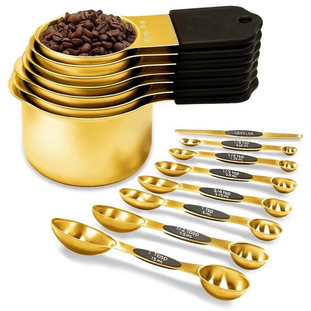 Magnetic Measuring Cups and Spoons Set, Including 7 Stainless Steel Nesting Gold Measuring Cups & 8 Magnetic Gold Measuring Spoons with 1 Leveler for Cooking & Baking