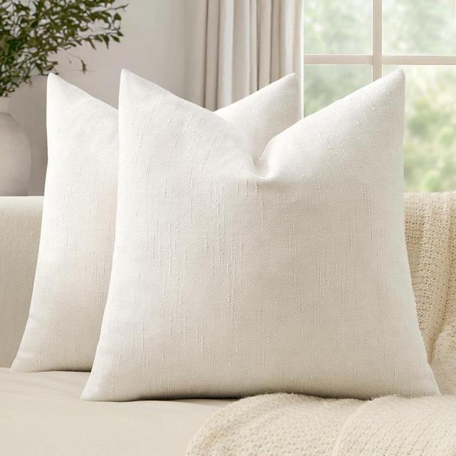 Woaboy Textured Throw Pillow Covers Decorative Soft Accent Chenille Pillows Neutral Farmhouse Cushions Modern Home Decor for Couch Sofa Bedroom Living Room 20x20 Inch Set of 2, Light Beige