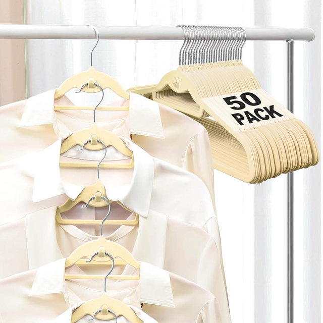 Ivory Velvet Stackable Hangers 50 Pack Non Slip Felt Hanger with 360°Swivel Hook, Ultra Thin and Space Saving Flocked Hangers for Suits, Shirts, Coats, 15Lbs Capacity Heavy Duty