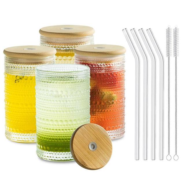 KEMORELA Set of 4 Hobnail Highball Glasses: Embossed Beaded Glass Cups with Lids and Straws – Perfect for Cocktails, Old Fashioned, Margaritas, Beer, Juice, and More – 12oz Elegant Mixed Drinkware