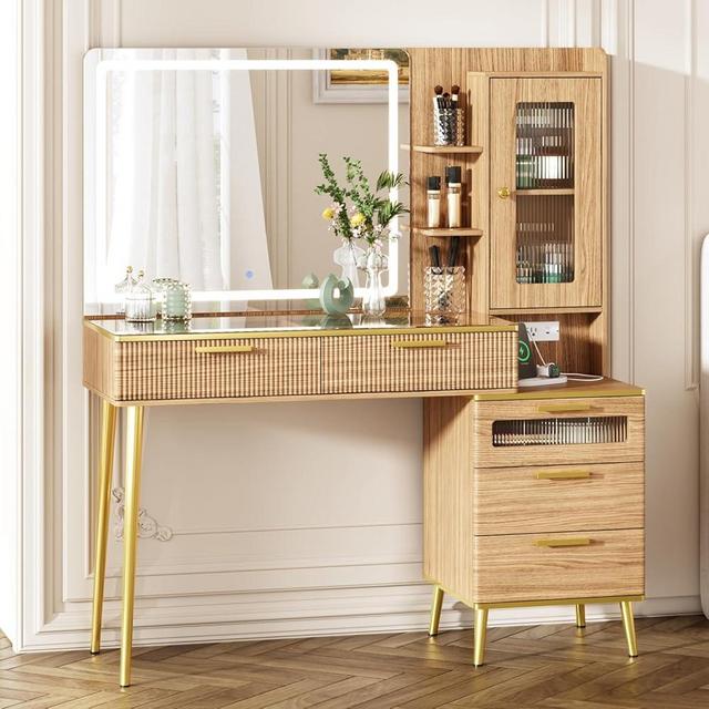 Chrangmay 47.24" Big Modern Vanity Desk with Mirror and Lights,Makeup Vanity Desk with 5 Drawers and Storage Shelves & Power Outlet,Dressing Table with Glass Top, Oak