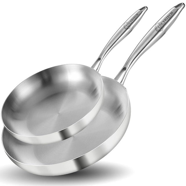 LOLYKITCH 10-12 Inch Tri-ply Stainless Steel Frying Pan Set,Skillets,Chef's Pan,Induction Cooking Pans,Dishwasher and Oven Safe,Detachable Handle.