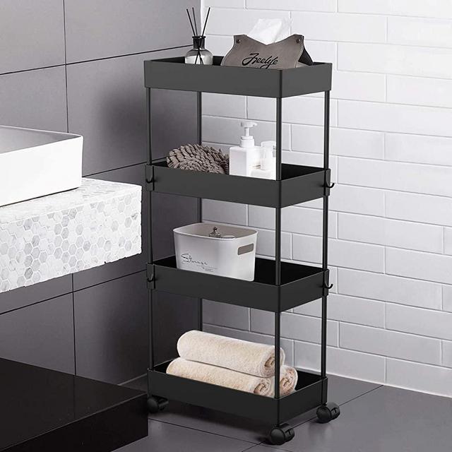 AOJIA 4 Tier Slide Out Storage Cart, Bathroom Storage Organizer Rolling Utility Cart, Bathroom Storage Cart with Wheels Mobile Shelf Units for Bathroom Kitchen Bedroom Laundry