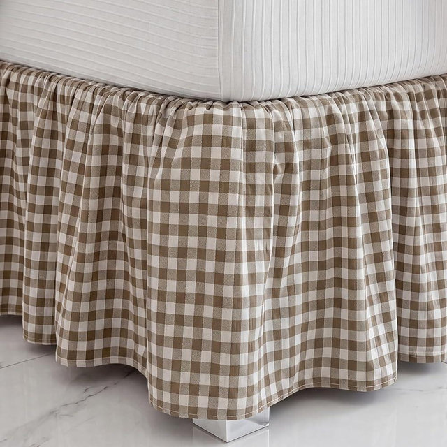 Taupe White Gingham Bed Skirt Queen Size 16" Drop Vintage Plaid Bed Skirt Farmhouse Cottage Pleated Frame Cover Cotton Dust Ruffle Modern Rustic Bedroom Decor