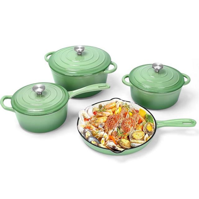 Nonstick Enameled Cast Iron Cookware Set,7 Pcs Pots and Pans with Lid, Frying Pan Skillet, Sauce Pan, Healthy Round Dutch Oven Pot for Sourdough Bread Baking on All Stovetop, Pistachio Green