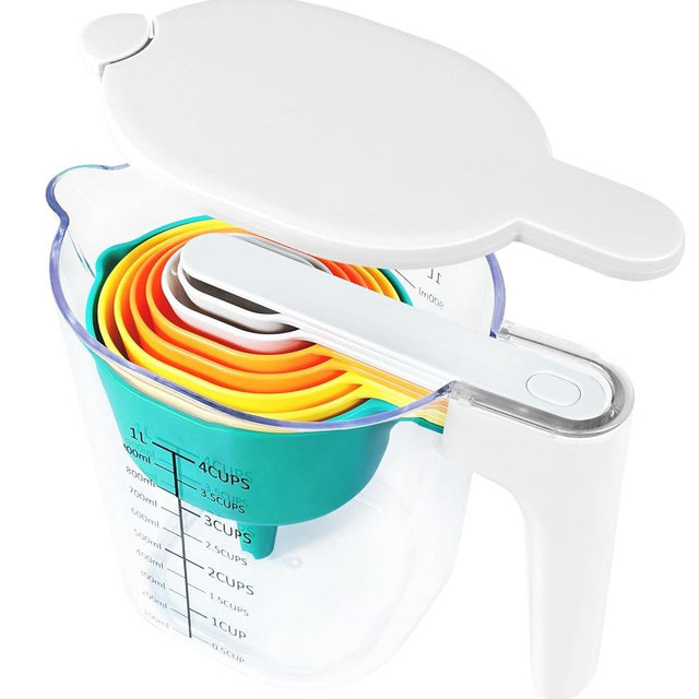 Recogwood Measuring Cups and Spoons set 10 Pieces, Stackable Measuring Cup with White Lid, Kitchen Cooking Baking Measuring Set for Liquid and Dry, BPA Free, Dishwasher Safe (Multicolor)