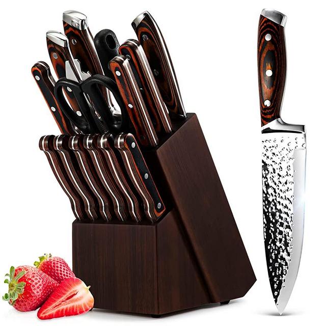 Kitchen Knife Set,15-Piece Knife Set With Block Wooden,Self Sharpening For Chef Knife Set,High Carbon Japan Stainless Steel Hammered Collection Knife Block Set with Steak Knives, Boxed Knife Sets