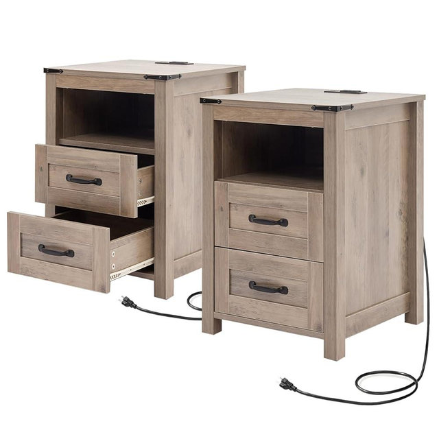 Stabrech Farmhouse Night Stand Set of 2, Rustic Sierra Nightstand for Bedroom, End Tables with Charging Station, Bedside Table with Drawers, Wood Bedside Cabinet Dresser