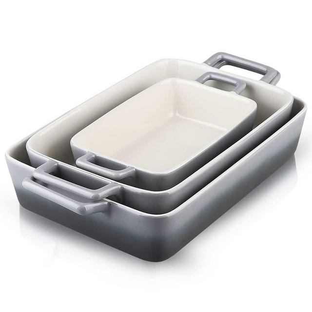 KOOV Bakeware Set, Ceramic Baking Dish, Rectangular Baking Pans for Cooking, Cake Dinner, Kitchen, Banquet and Daily Use, 12 x 8.5 Inches, 3-Piece (Gradient Gray)
