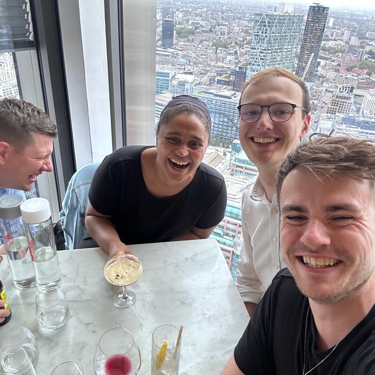 Espresso martinis and waffles at a skyscraper brunch in London - with friends Jack and Calum (our officiant!)