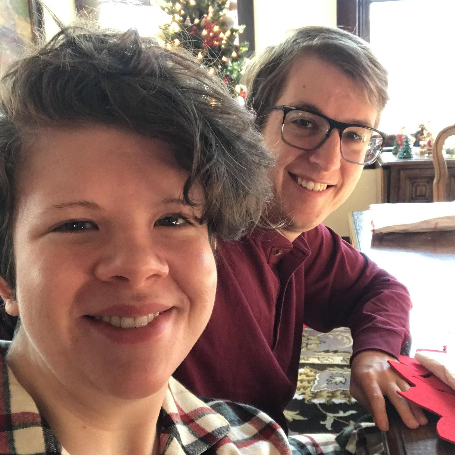 Sarah and Jacob in matching PJs on Christmas morning