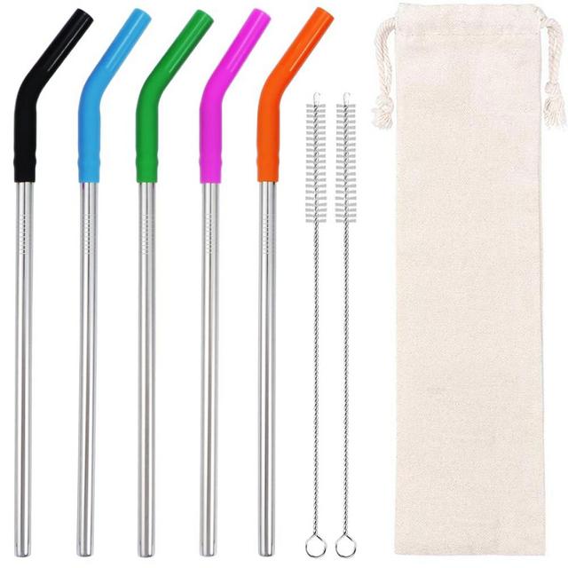 Lazycorner Reusable Stainless Steel Straws Metal Straw with Silicone Tip 5 Pcs 8mm Wide for 20/30/32oz Tumblers Smoothies and Shakes with 2 Cleaning Brushes,1 Portable Bag (Silver)